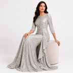 Women's Silver Embellished Mermaid Evening Gown with Draped Detail-3