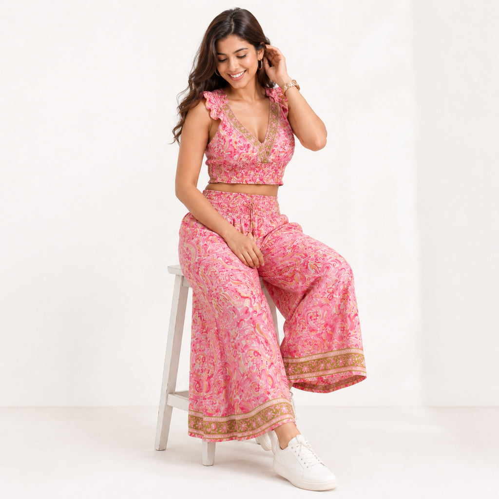 Women's Bohemian Chic Light Pink Floral Crop Top and Wide-Leg Palazzo Set-3