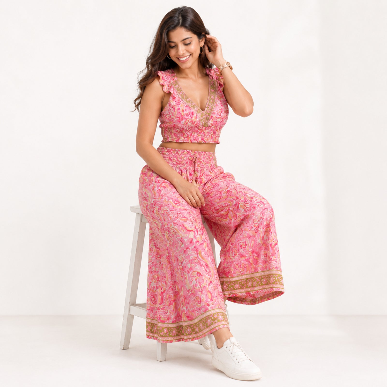 Women's Bohemian Chic Light Pink Floral Crop Top and Wide-Leg Palazzo Set-3