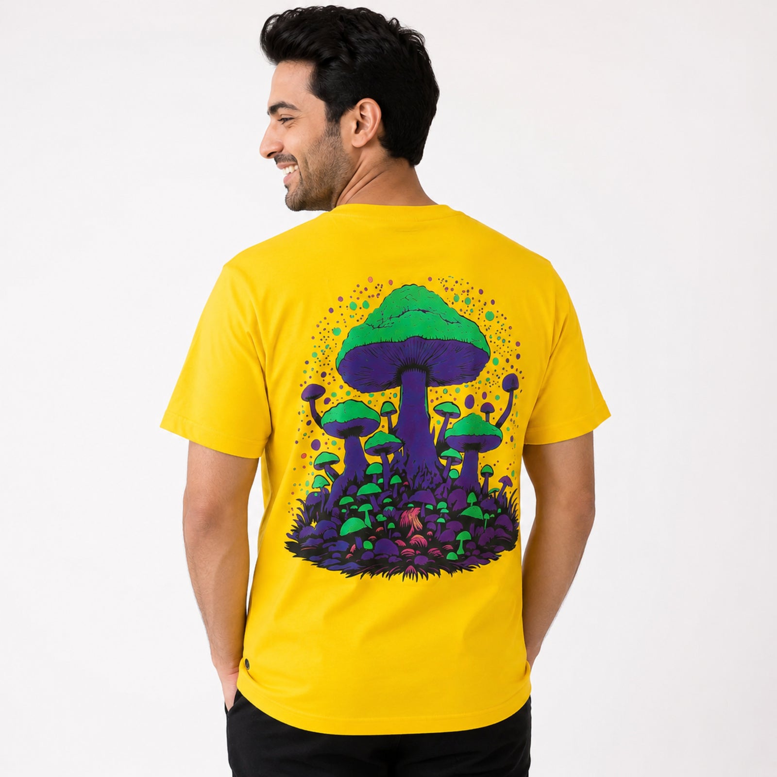 Men's Mushroom Embroidered Yellow Oversized Casual T-Shirt-1