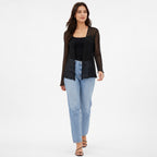 Women's Black Sheer Lace Front-Open Shrug with Scalloped Hem-1