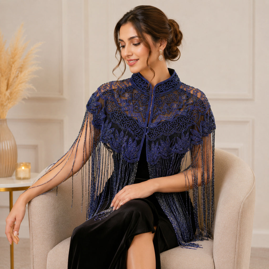Women's Elegant Hand-Embroidered Mock Neck Navy Blue Cape with Metallic Fringe Tassel-1