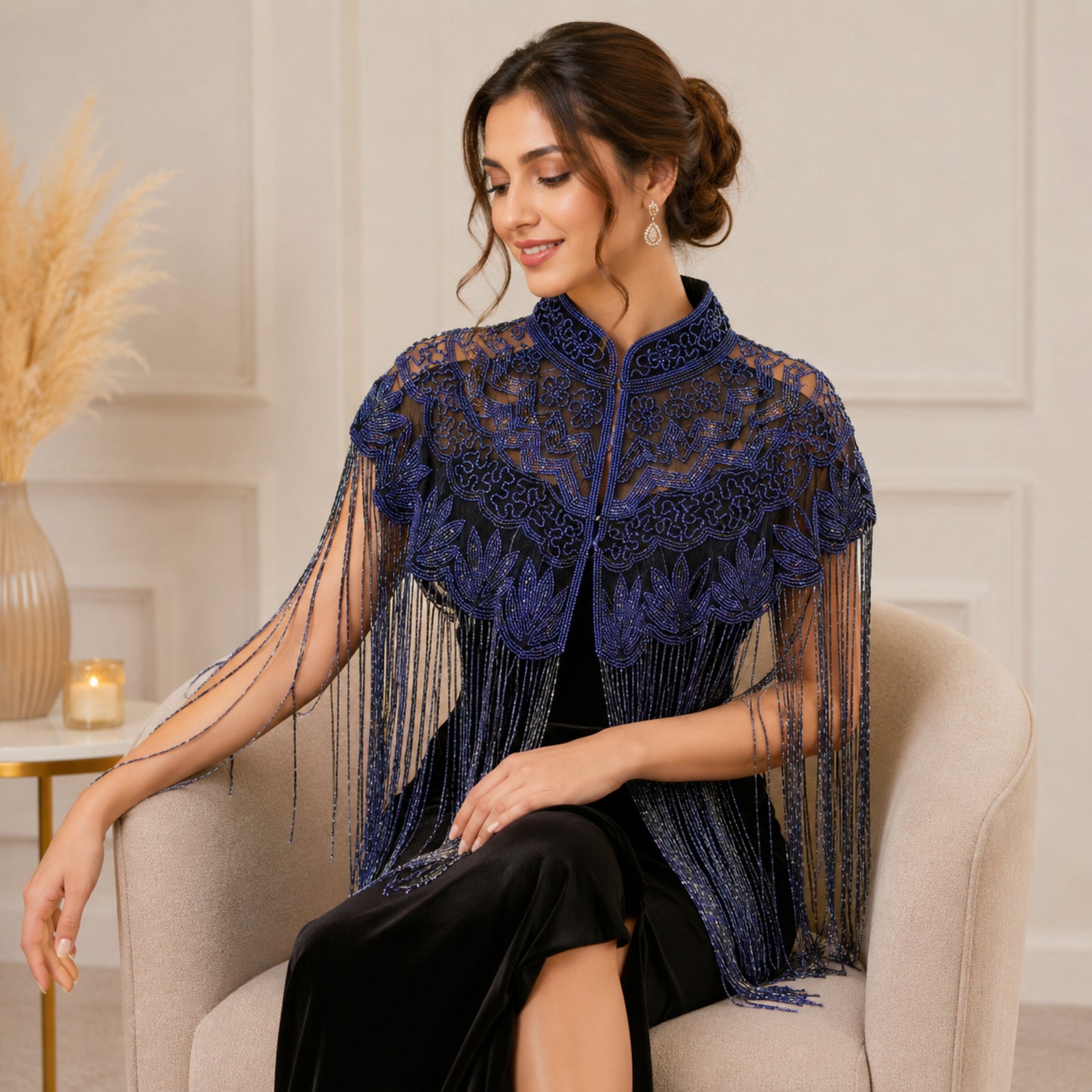 Women's Elegant Hand-Embroidered Mock Neck Navy Blue Cape with Metallic Fringe Tassel-1