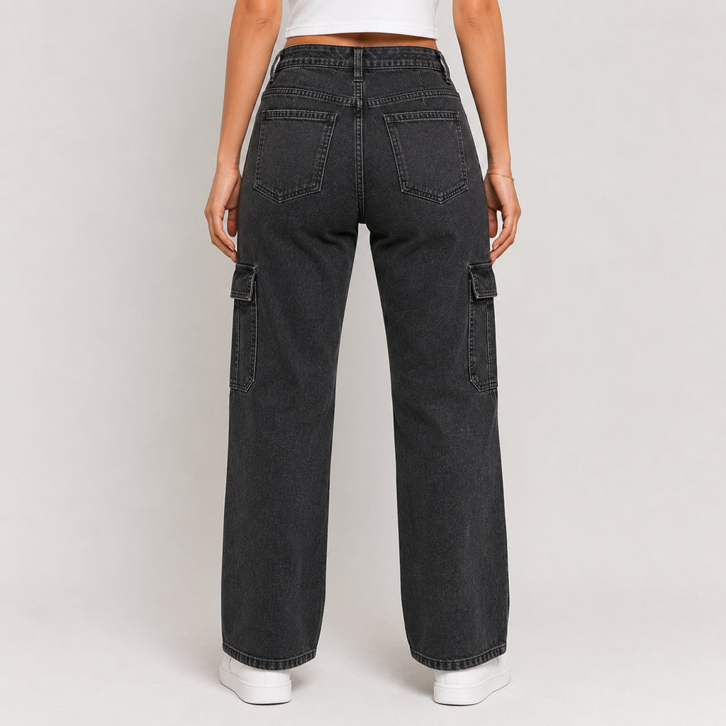 Women's Grey Washed Cargo Fit Denim Jeans-2