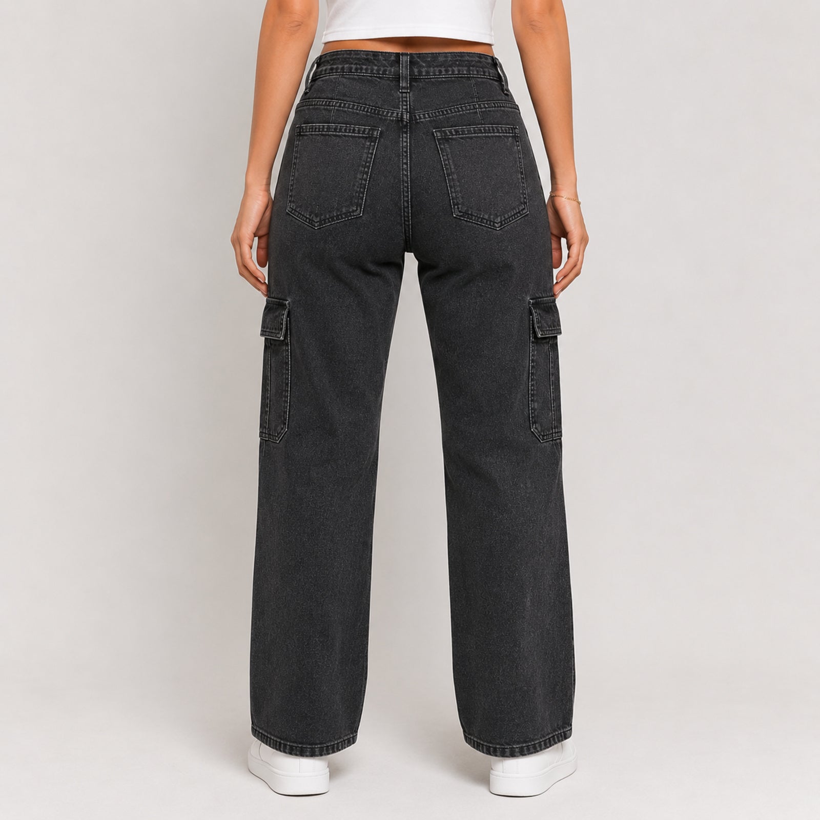 Women's Grey Washed Cargo Fit Denim Jeans-2