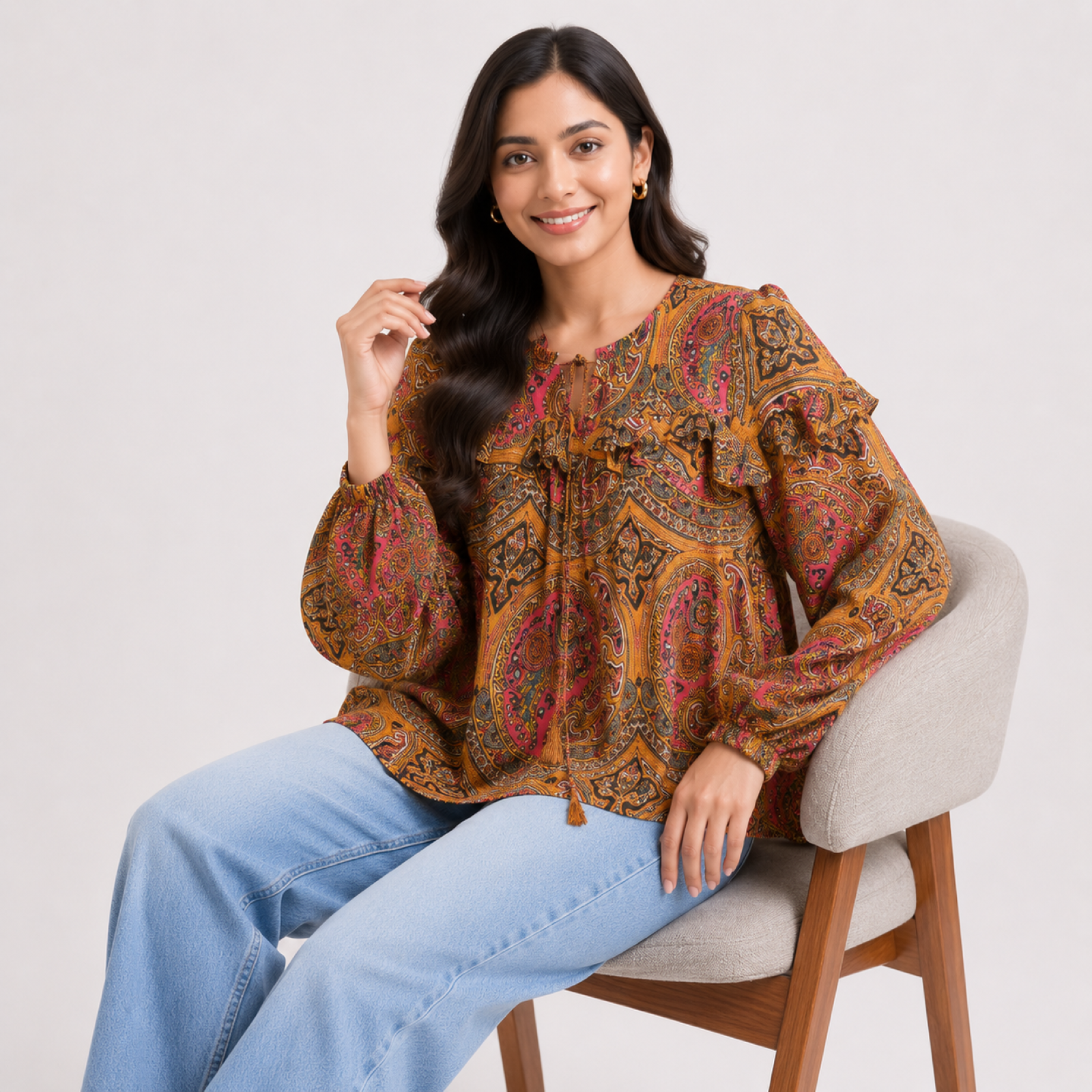 Women's Yellow Paisley Printed Ruffle Neck Tie-Up Top with Full Puff Sleeves-1