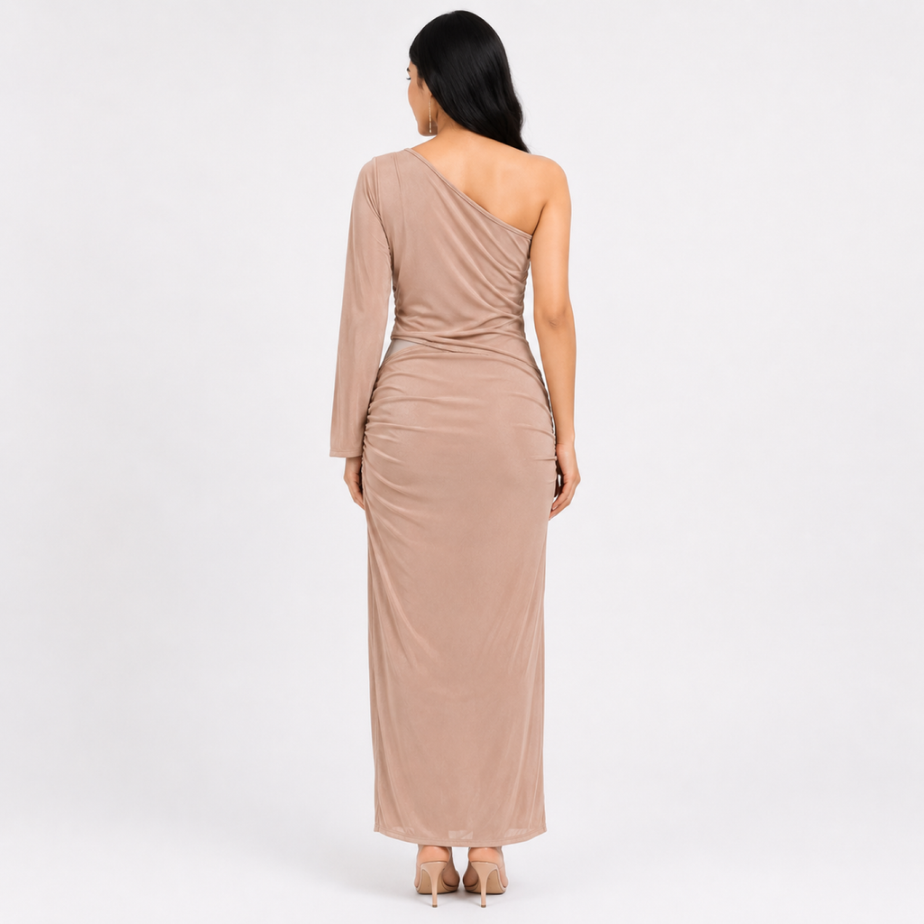 Women's Peach One Shoulder Ruched Bodycon Maxi Dress-1