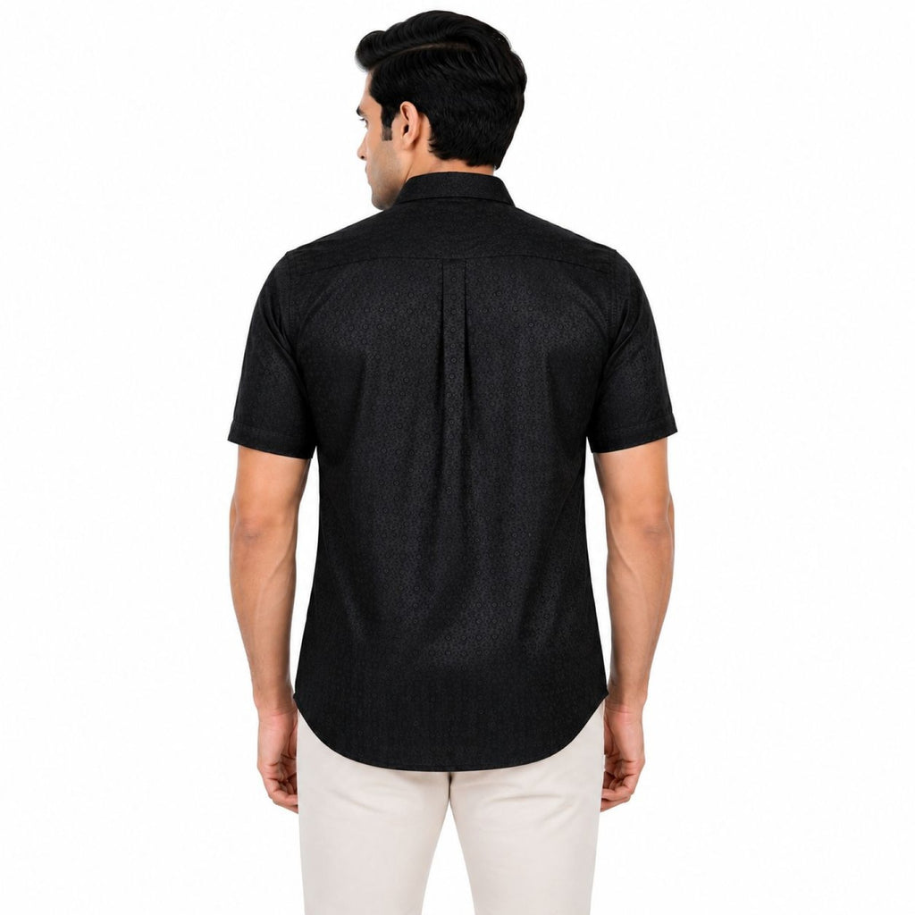 Men's Black Geo Dot Self-Pattern Half Sleeve Shirt | Sleek Casual Button-Up Shirt-4