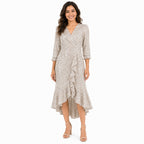 Taupe Lace-Texture Wrap Dress Ruffle Hem Elegance-1