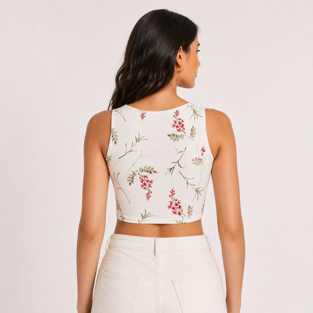 Women's White Floral Tie-Up Crop Top-4