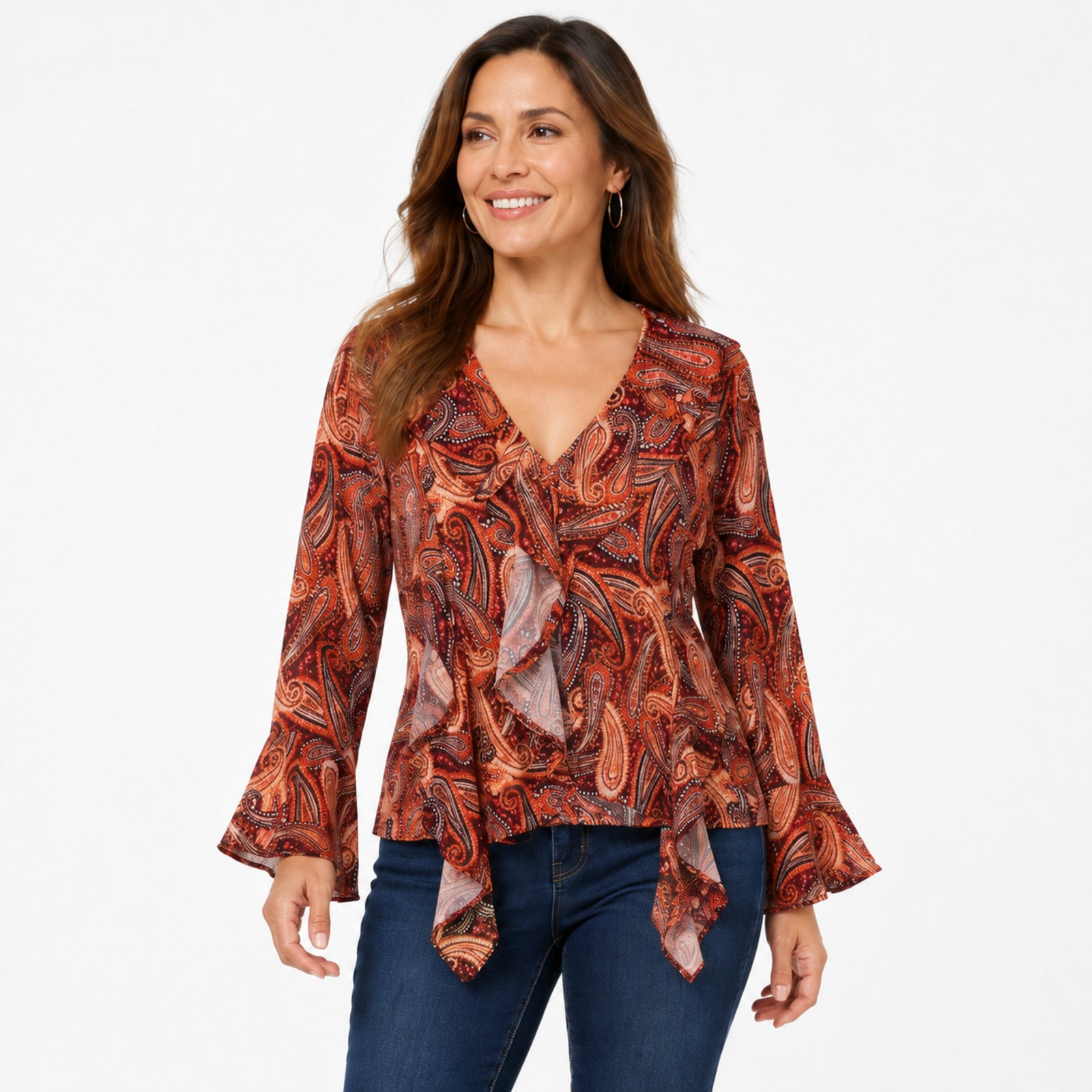 Women's Red Paisley Wrap Front Ruffle Top with Flared Sleeves-1