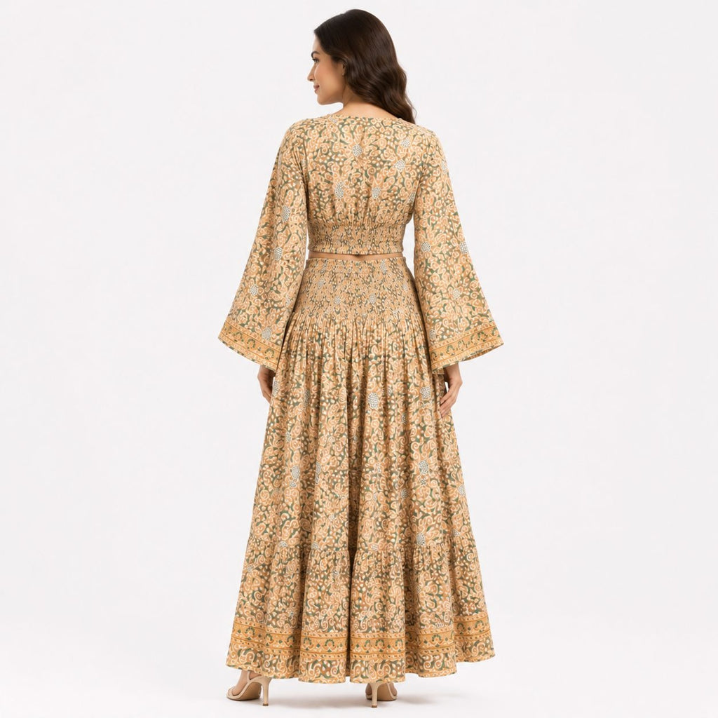 Women's Bohemian Chic Mustard Yellow Floral Flare-Sleeve Crop Top and Maxi Skirt Set-4