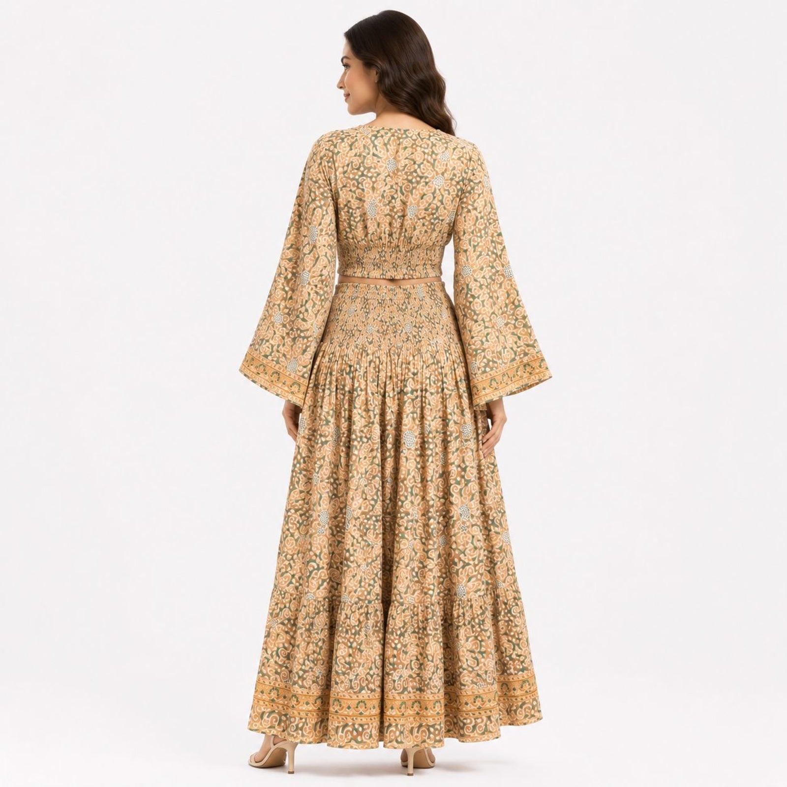 Women's Bohemian Chic Mustard Yellow Floral Flare-Sleeve Crop Top and Maxi Skirt Set-4