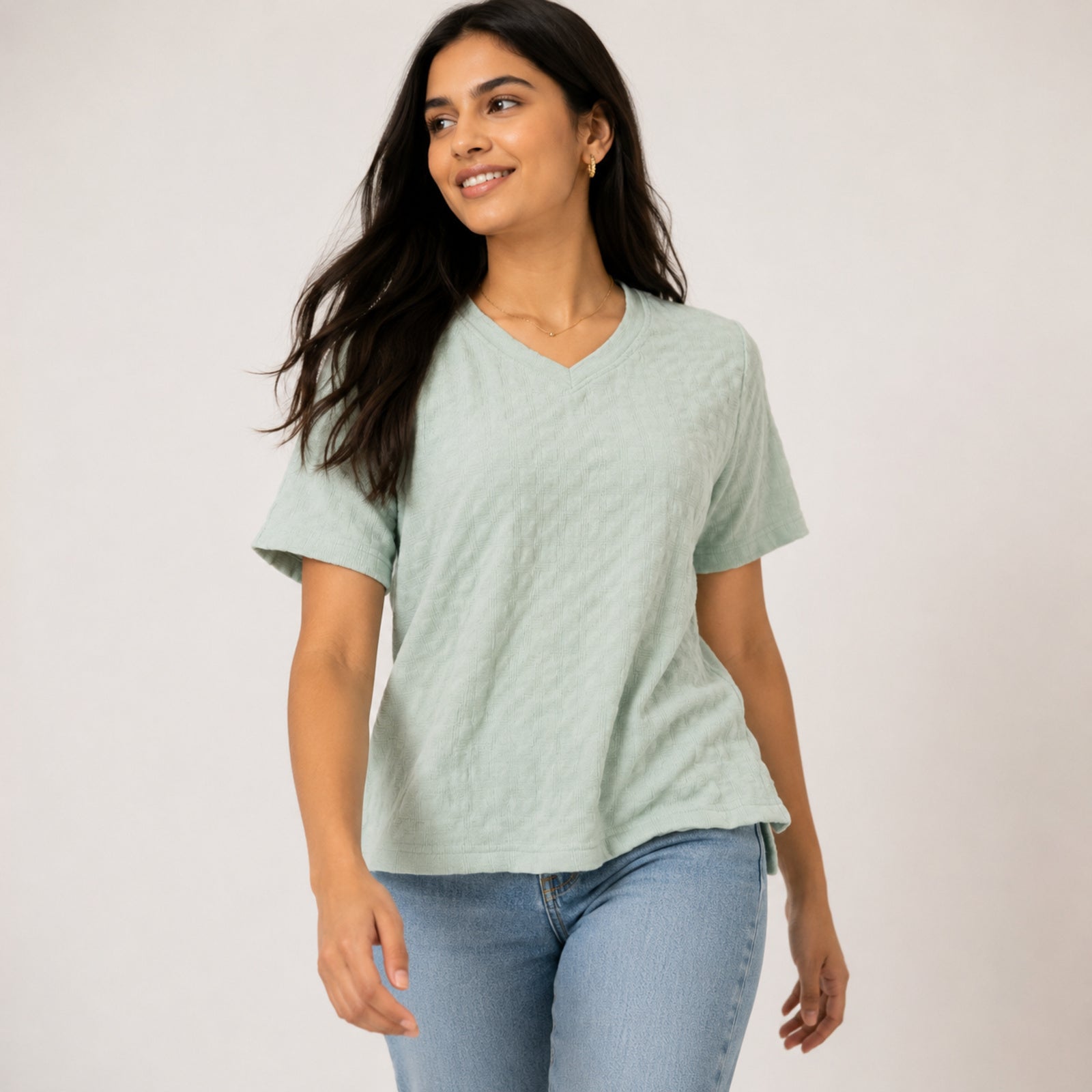 Women's Sage Green Textured V-Neck Top-1