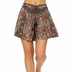 Women's Light Green Paisley Print Flared Shorts | Boho Elastic Waist Casual Summer Shorts-1