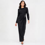 Women's Black Embellished Waist Gathered Maxi Dress-1