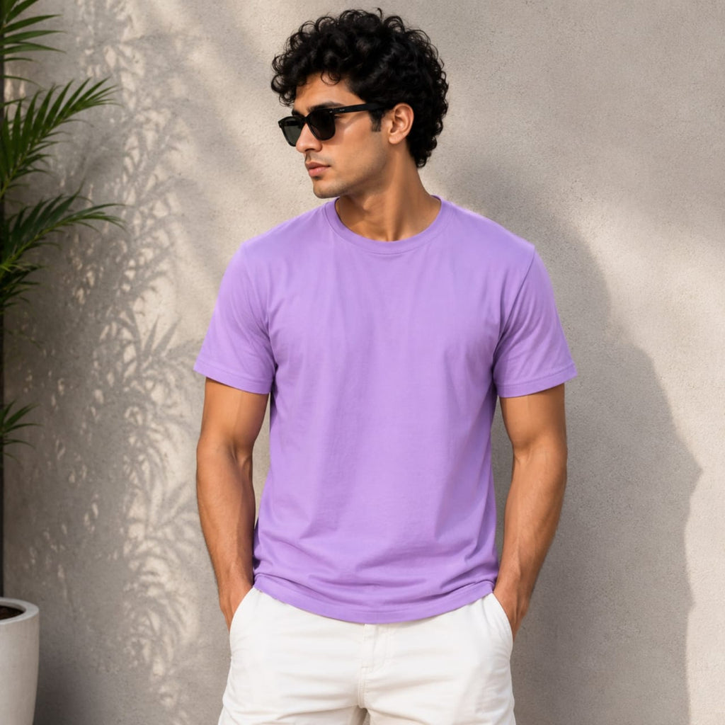 Men's Lavender Solid Casual T-Shirt-4