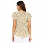 Women's Yellow Floral Print Flutter Sleeve Top-2