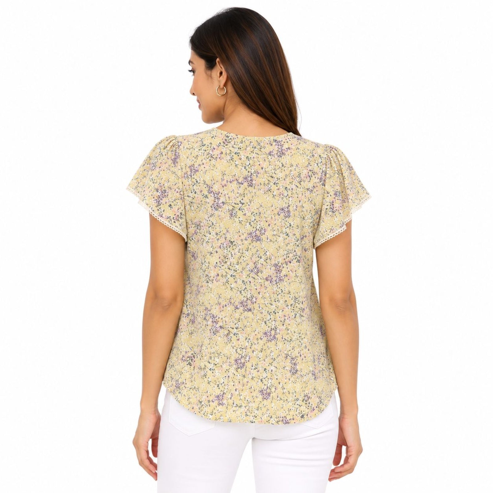 Women's Yellow Floral Print Flutter Sleeve Top-2