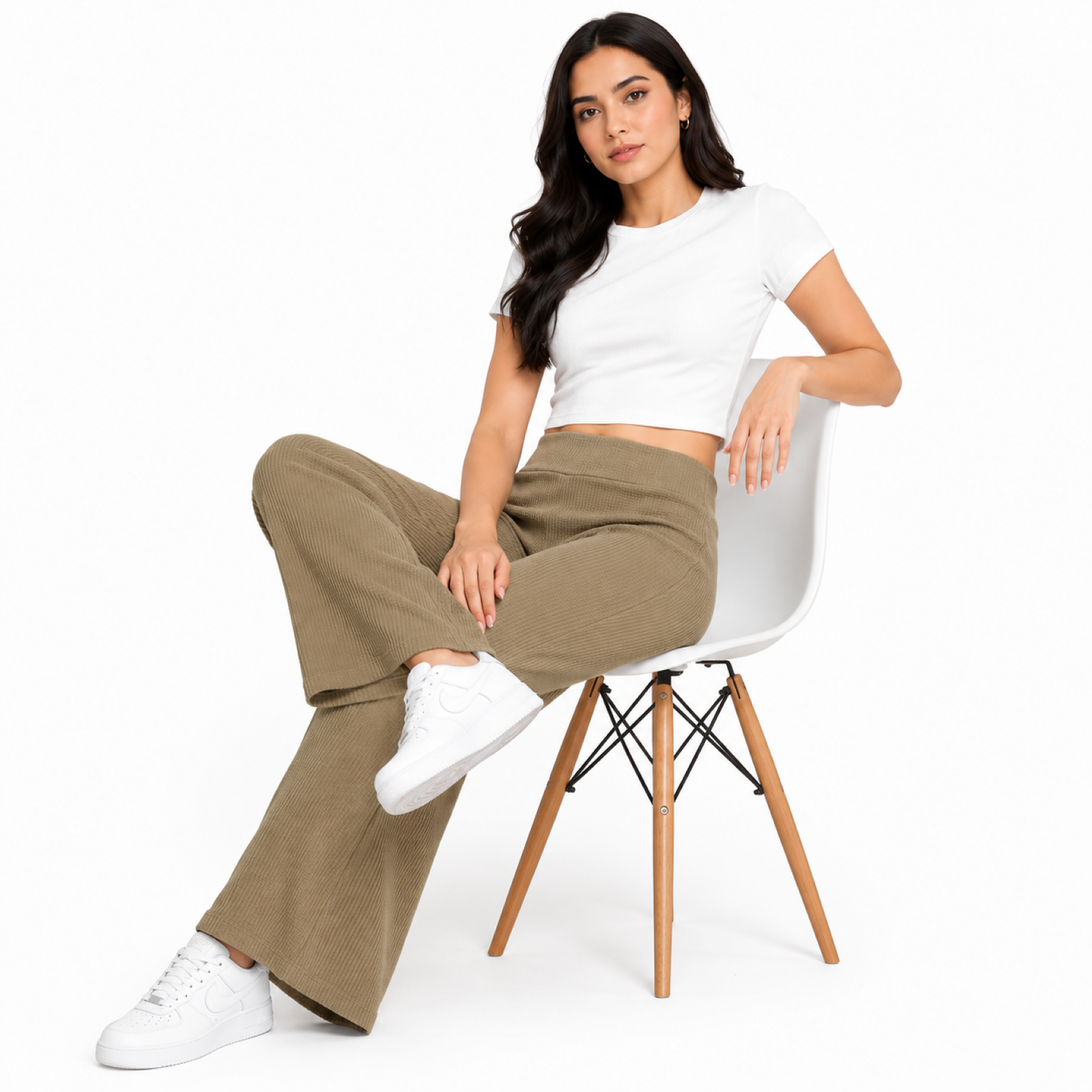 Women's Light Brown Ribbed High-Waist Wide Leg Lounge Pants-2