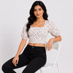 Women's Cream Floral Print Puff Sleeve Crop Top-2