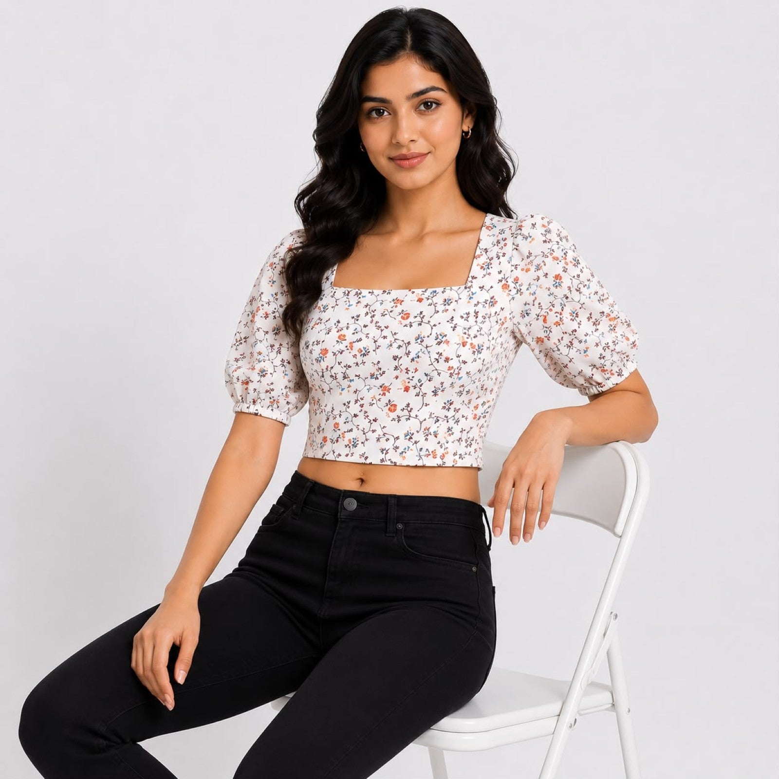 Women's Cream Floral Print Puff Sleeve Crop Top-2