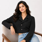 Women's Obsidian Midnight Black Cropped Blazer Jacket with Metallic Button Detailing-3