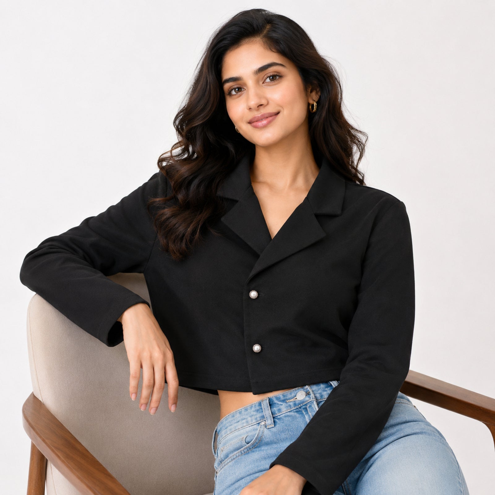 Women's Obsidian Midnight Black Cropped Blazer Jacket with Metallic Button Detailing-3