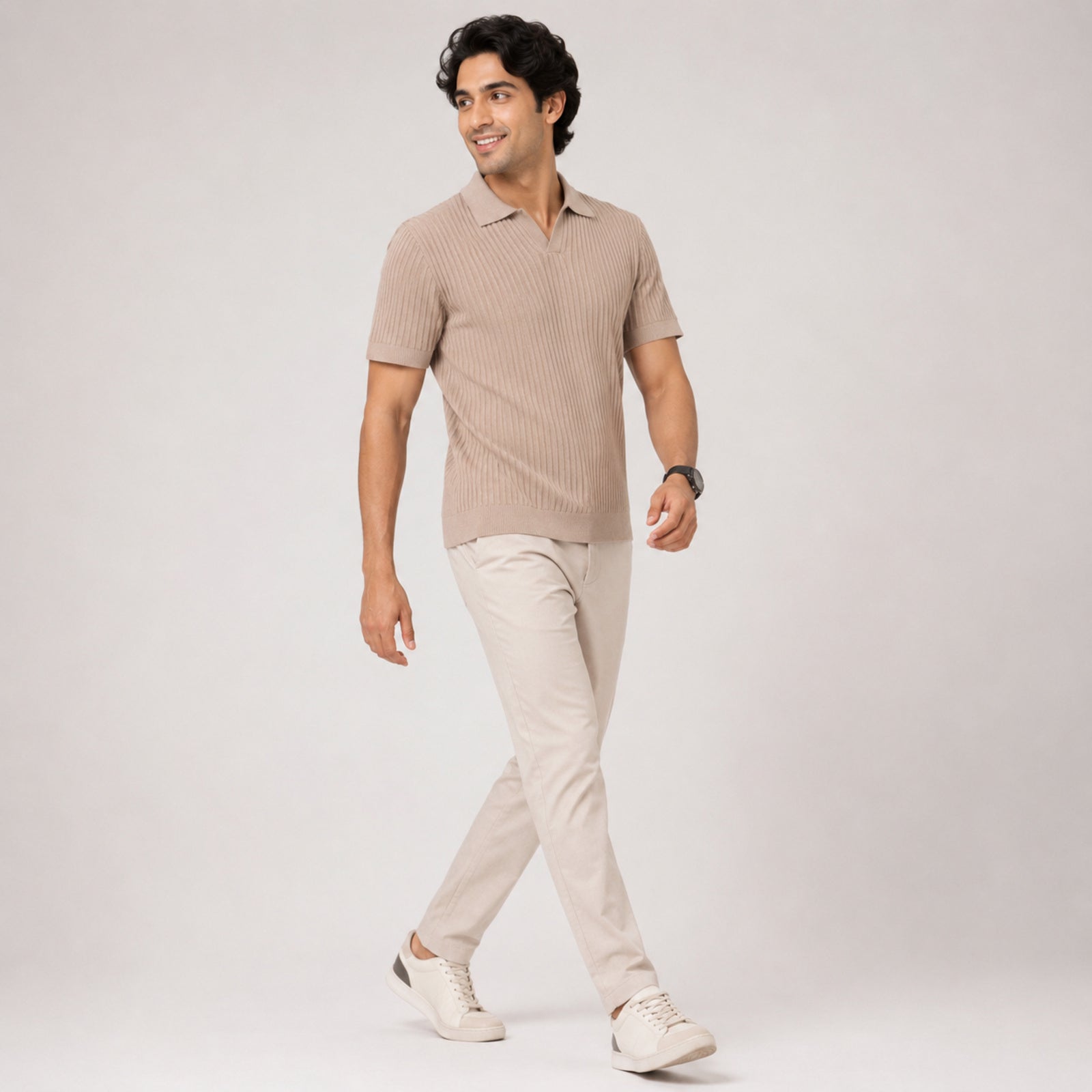 Men's Sandstone Ribbed Knit Polo T-Shirt-2