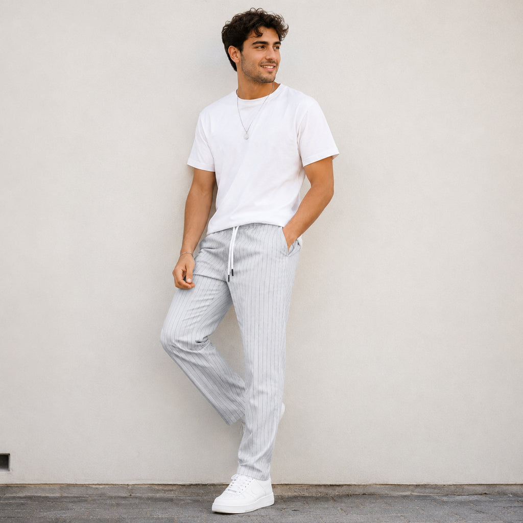 Men's White Pinstripe Relaxed Fit Lounge Trousers-2