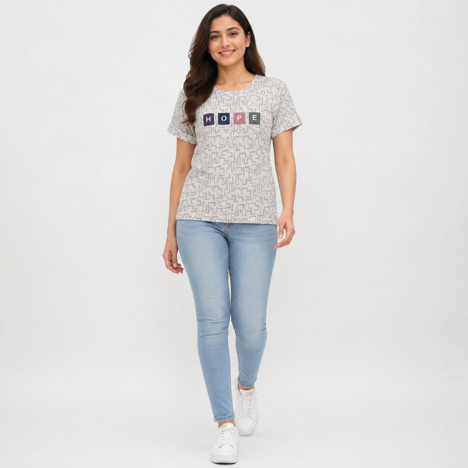 Women's Light Pink Geometric Print HOPE Graphic Round Neck Regular Fit Casual T-Shirt | Soft Everyday Wear-1