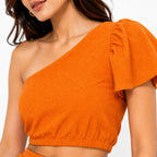 Women's Orange One Shoulder Ruffle Sleeve Co-Ord Crop Top Set-3