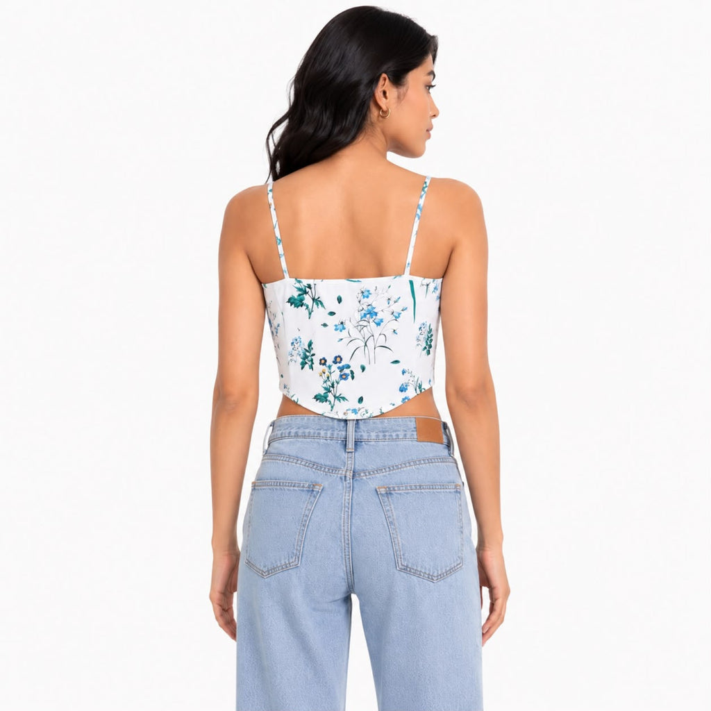 Women's Green Botanical Print Strappy Crop Top-3