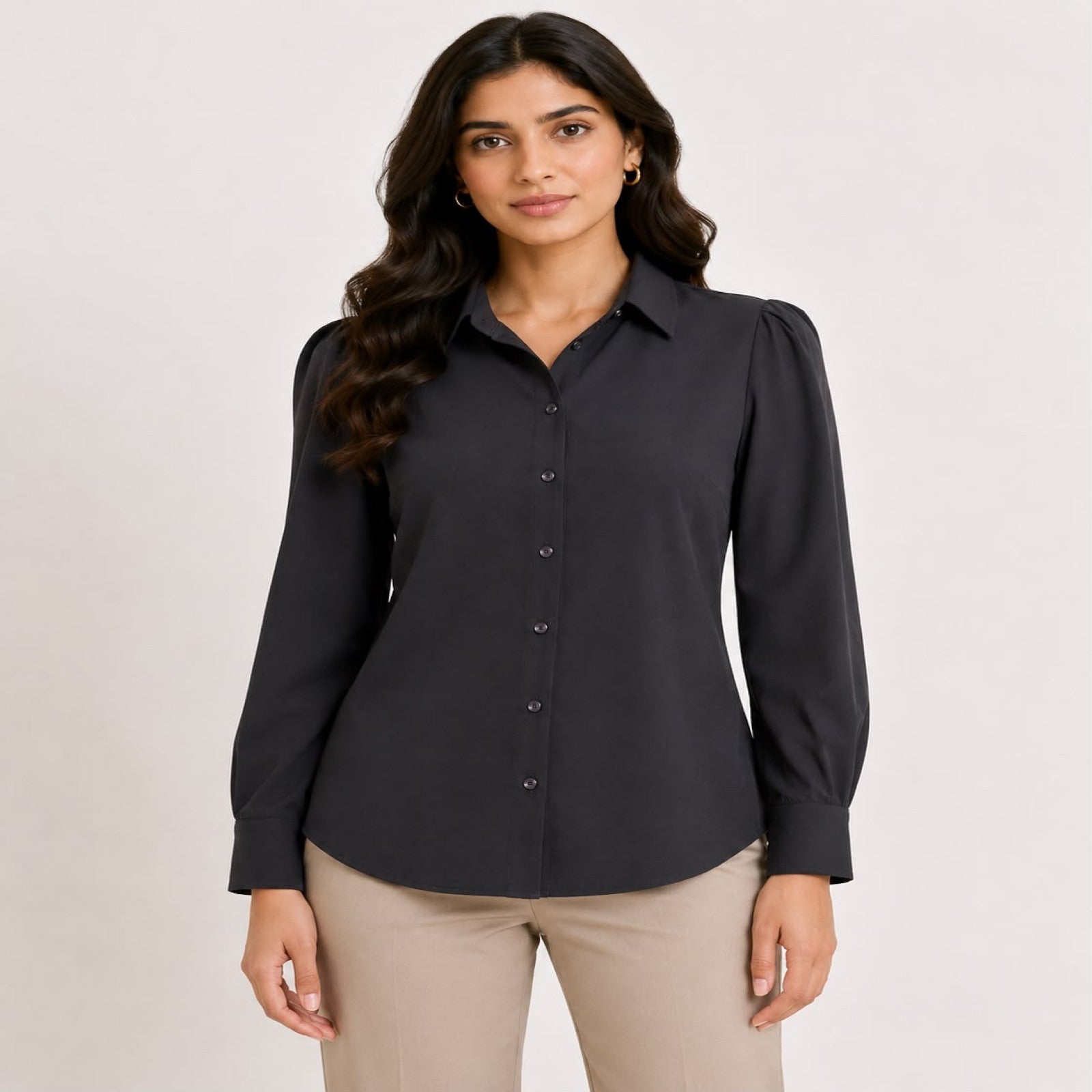 Women's Black Full Sleeve Collared Button-Down Shirt-1