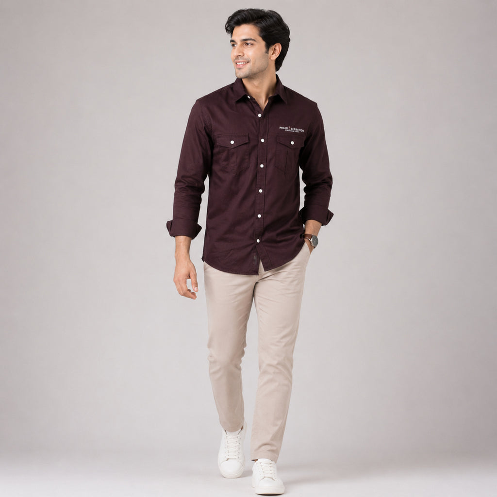 Men's Vintage Wine Utility Pocket Casual Shirt-3