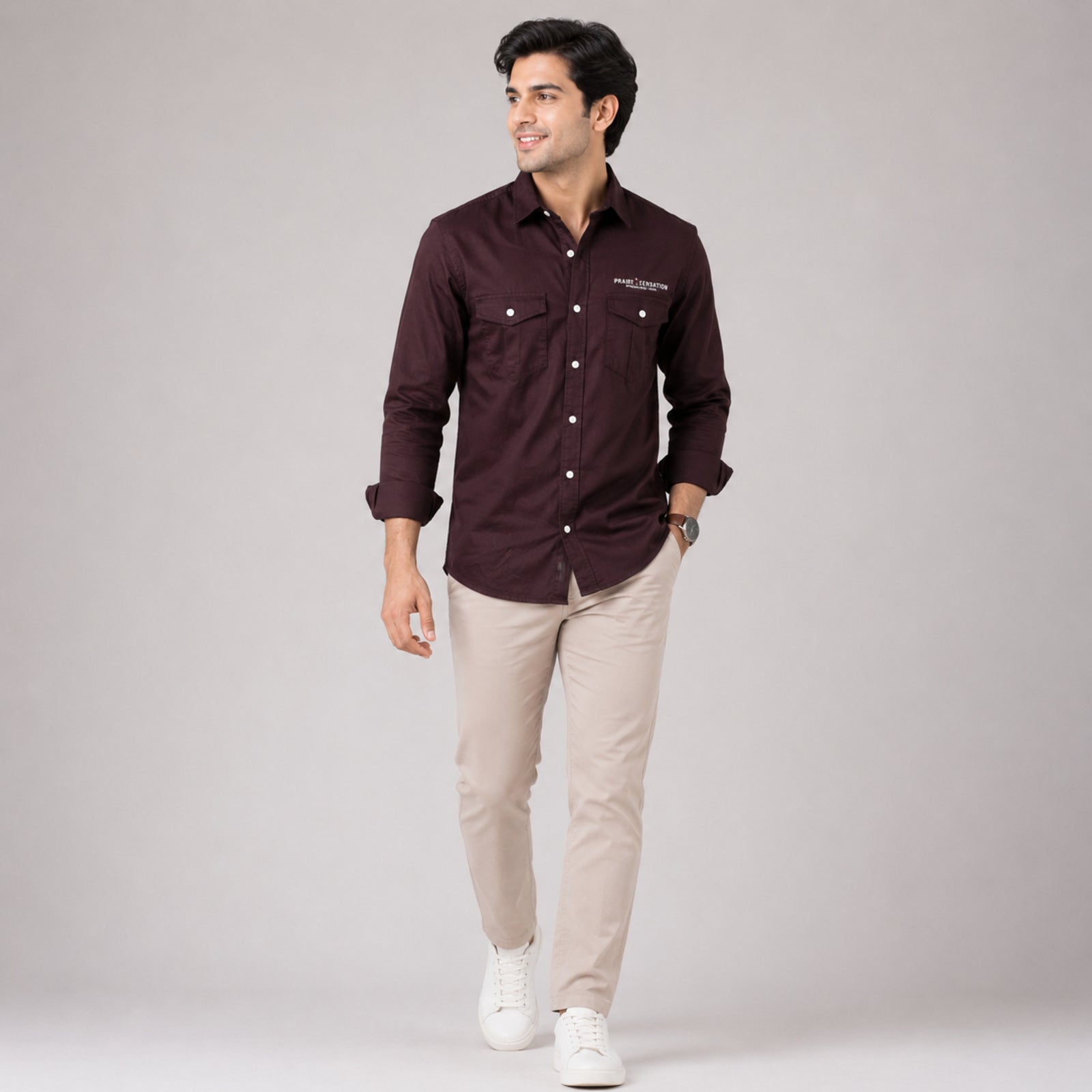 Men's Vintage Wine Utility Pocket Casual Shirt-3