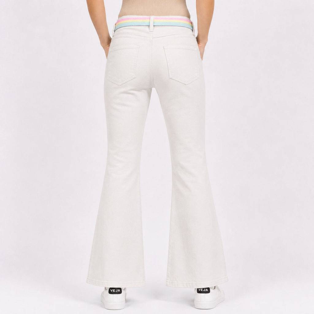 Women's Sleek Comfort-Fit Cream Bootcut Trousers with Rainbow Pastel Belt-2