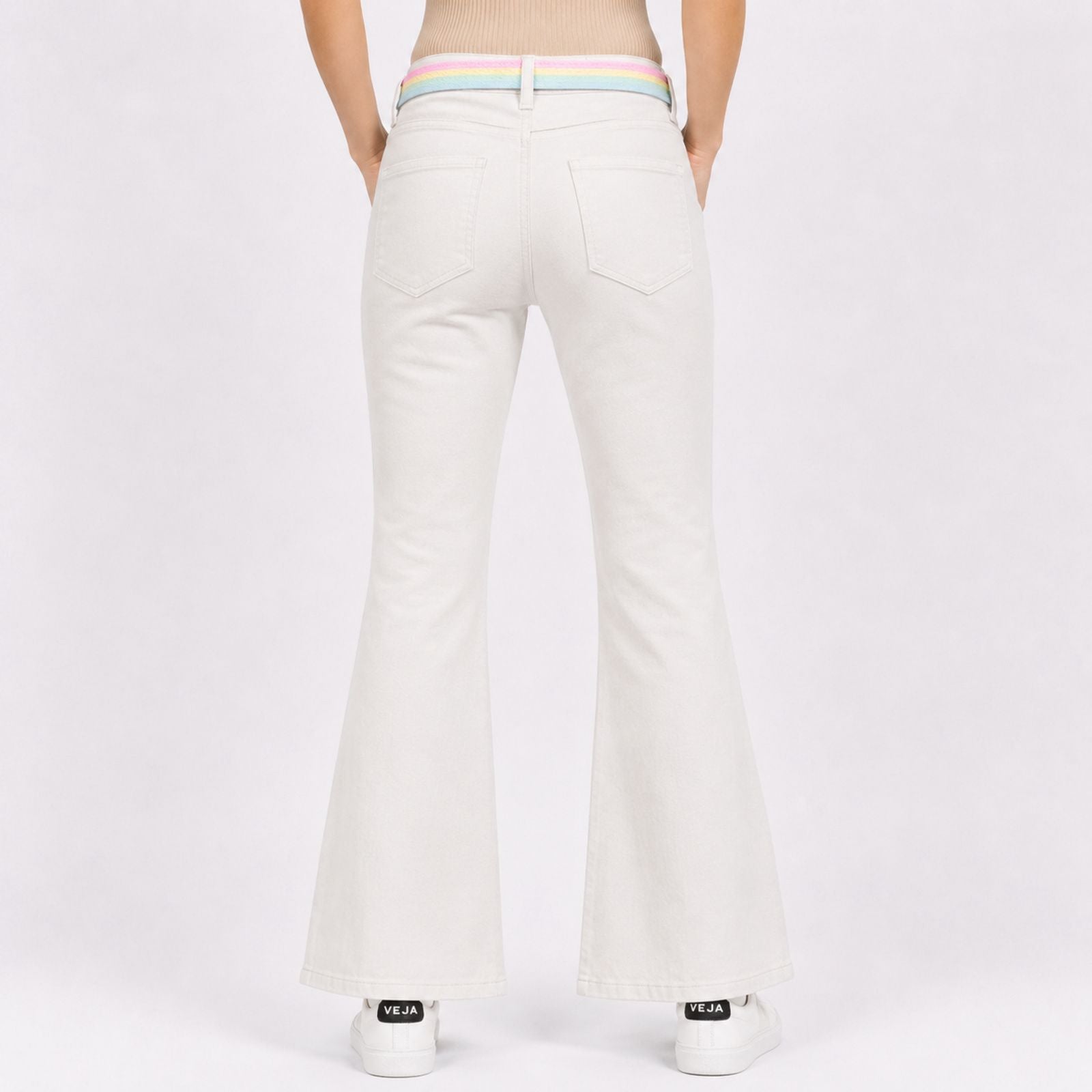 Women's Sleek Comfort-Fit Cream Bootcut Trousers with Rainbow Pastel Belt-2