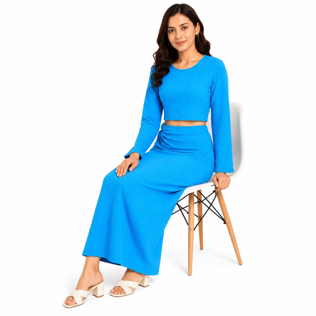 Women's Blue Long Sleeve Crop Top and Maxi Skirt Co-Ord Set-2