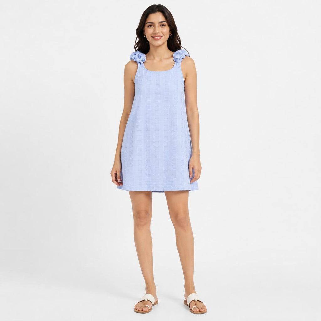 Women's Sky Blue Textured Sleeveless Shift Mini Dress with Bow Shoulder Straps-1