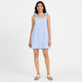 Women's Sky Blue Textured Sleeveless Shift Mini Dress with Bow Shoulder Straps-1