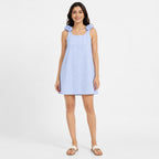 Women's Sky Blue Textured Sleeveless Shift Mini Dress with Bow Shoulder Straps-1