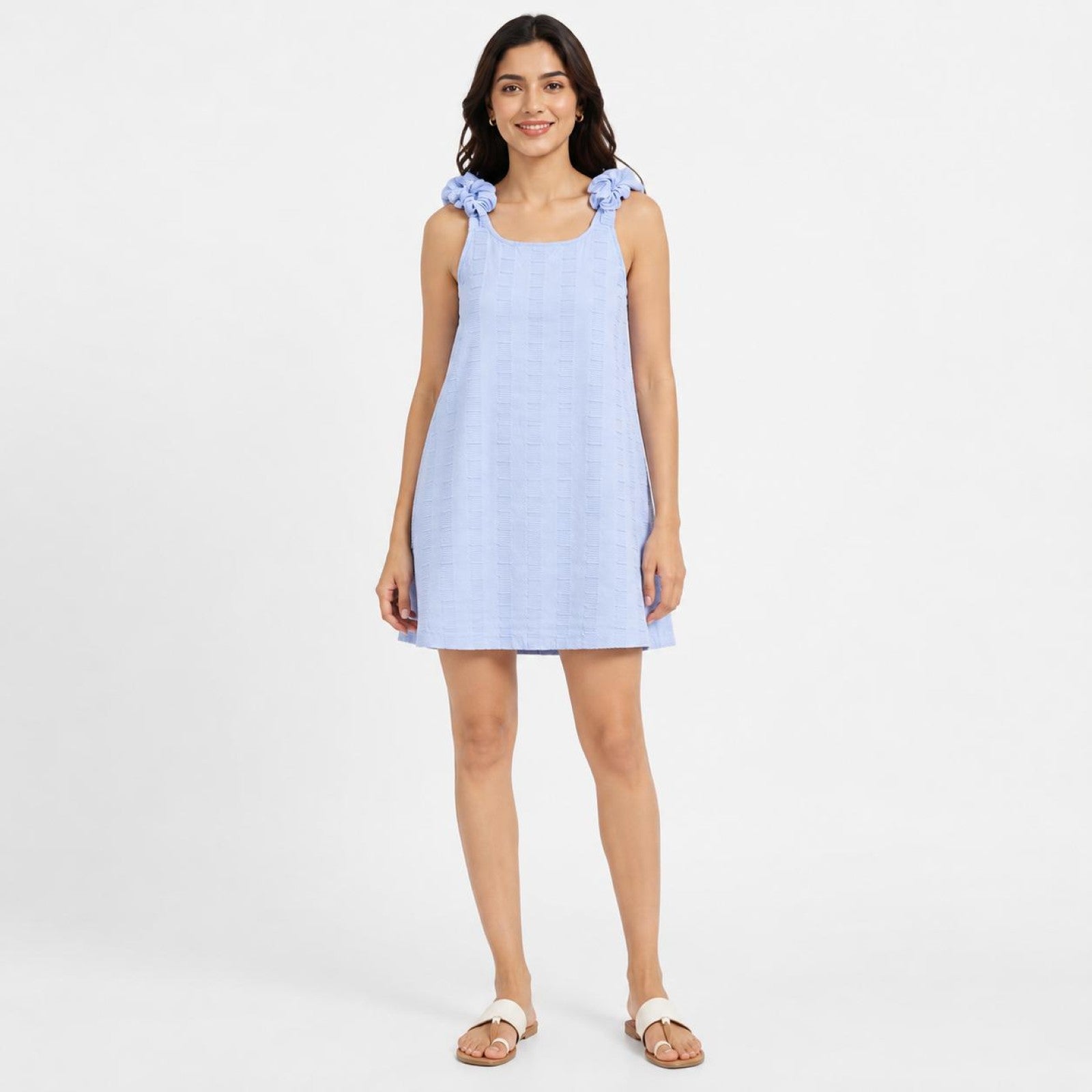 Women's Sky Blue Textured Sleeveless Shift Mini Dress with Bow Shoulder Straps-1