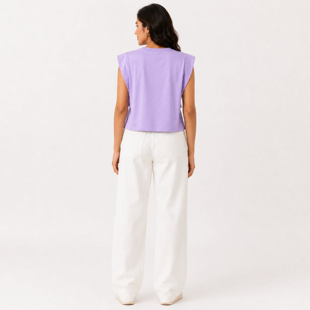Women's Lavender Padded Shoulder Sleeveless Top | Solid Relaxed Fit Muscle Tee-4