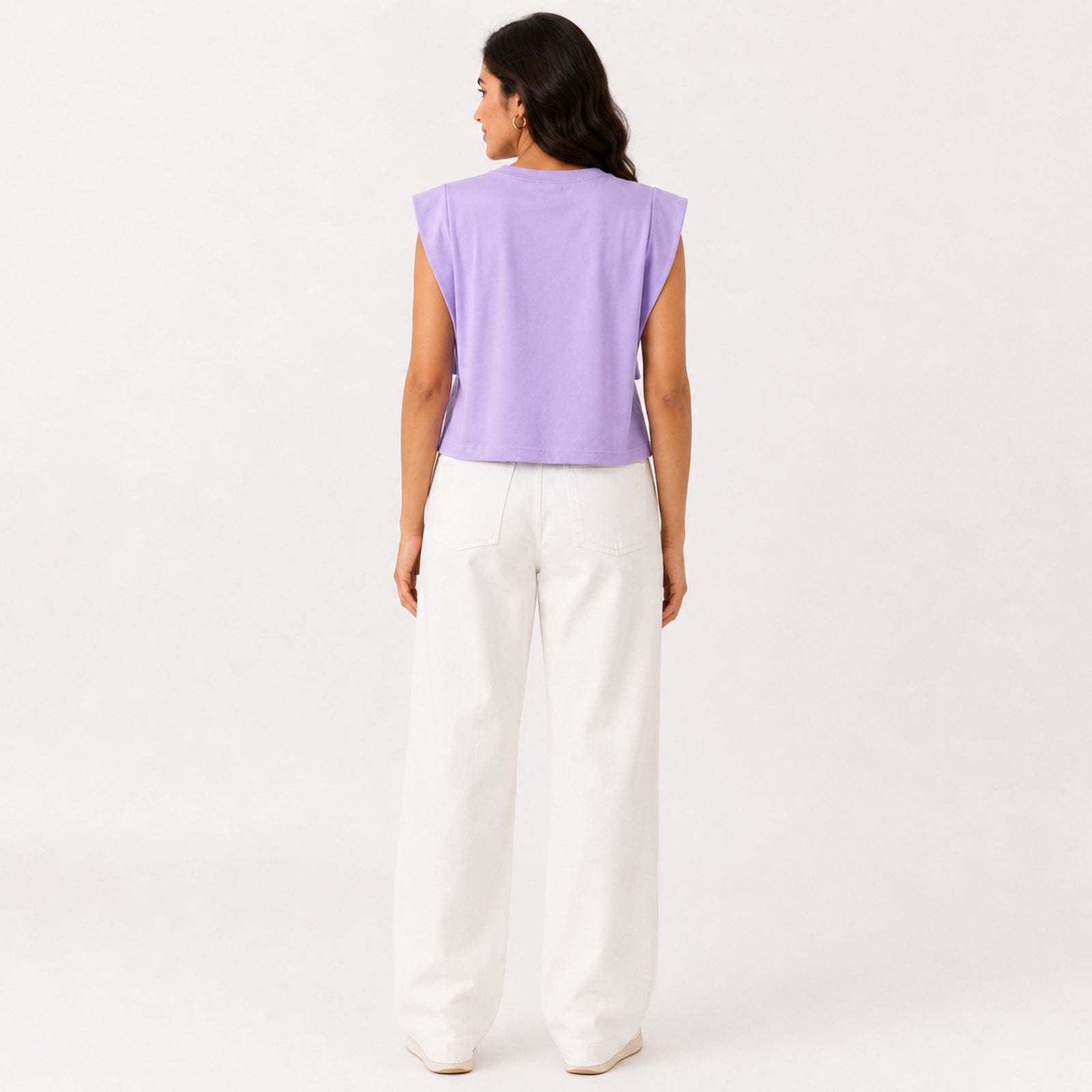 Women's Lavender Padded Shoulder Sleeveless Top | Solid Relaxed Fit Muscle Tee-4