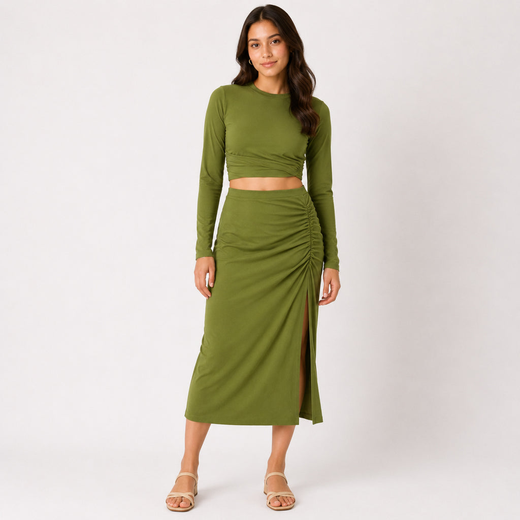 Women's Olive Green Ruched Crop Top and Midi Skirt Co-Ord Set-1