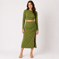 Women's Olive Green Ruched Crop Top and Midi Skirt Co-Ord Set-1