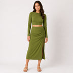 Women's Olive Green Ruched Crop Top and Midi Skirt Co-Ord Set-1