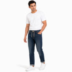 Men's Dark Blue Drawcord Waist Slim Fit Denim Jeans-3