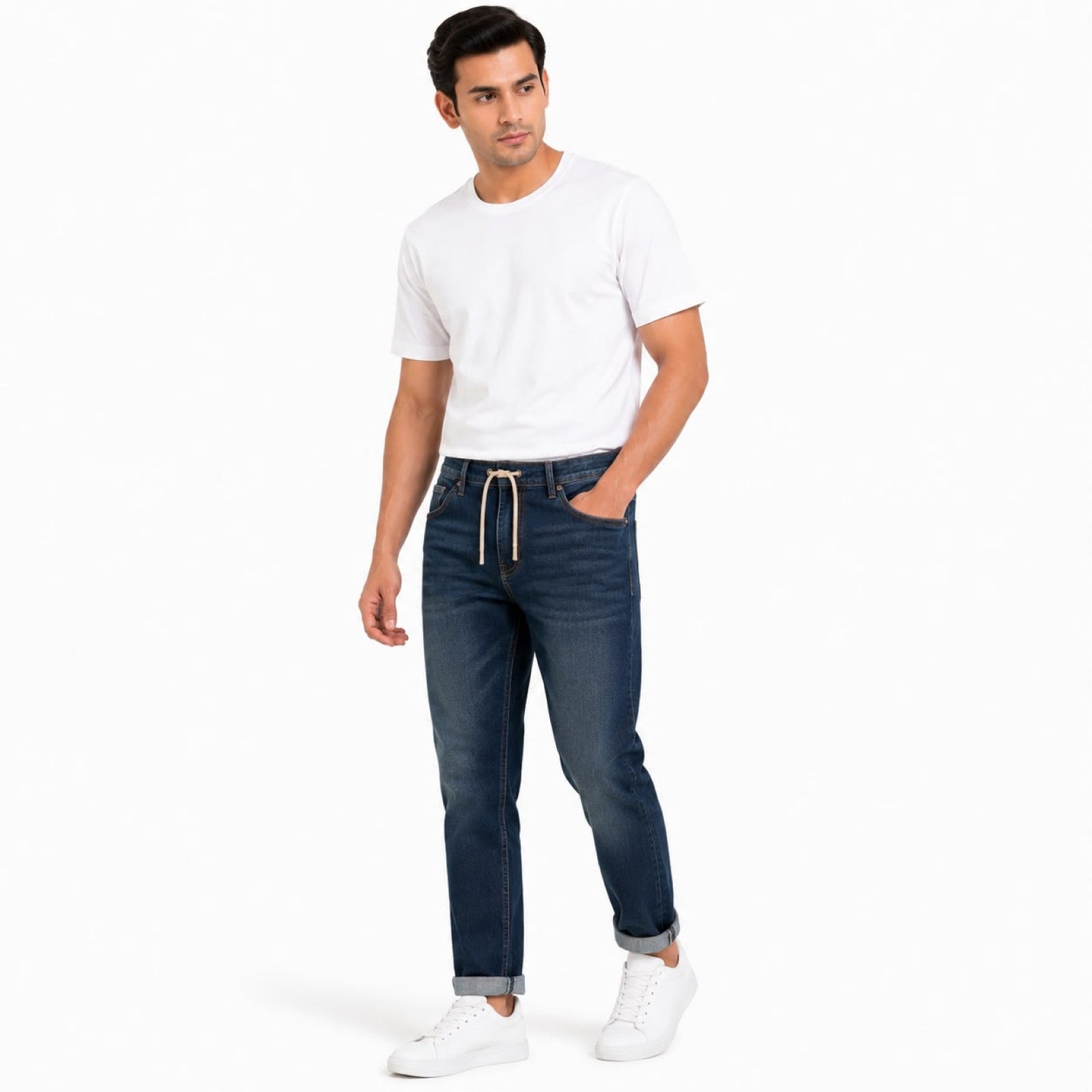 Men's Dark Blue Drawcord Waist Slim Fit Denim Jeans-3